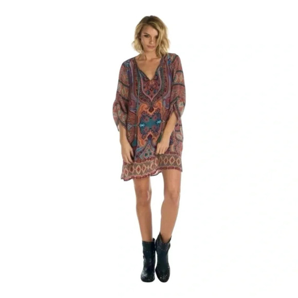 Anthropology TOLANI 100% SILK FLOWY TUNIC MINI DRESS BOHO COASTAL PAISLEY PRINT - Picture 3 of 10